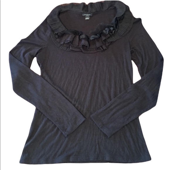 Ann Taylor Black Wool Blend Ruffle Neck Long Sleeve Blouse